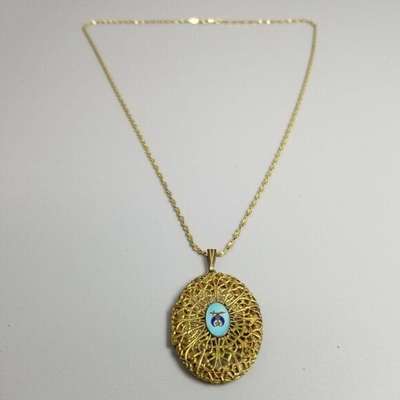 Vintage Shiners Enamel Symbol Gold Tone Filigree Oval Locket Necklace, Estate - Picture 5 of 11
